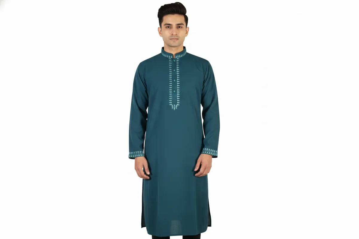 Premium Teal Blue Cotton Embroidered Panjabi for Men