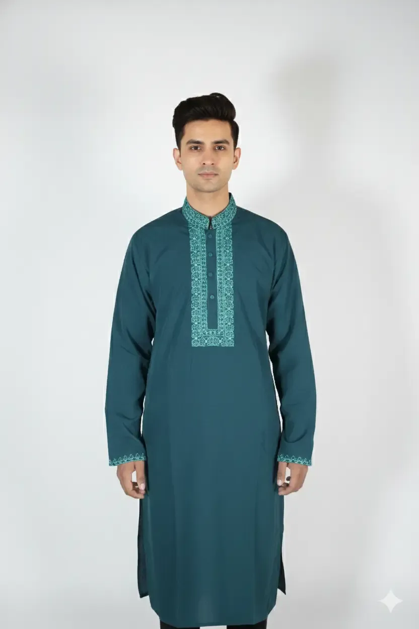 Elegant Teal Green Embroidered Cotton Panjabi for Men