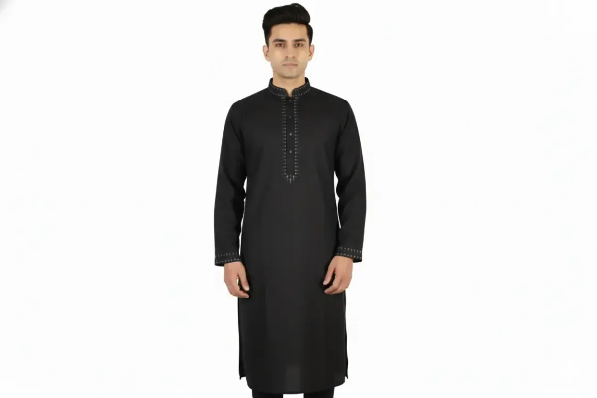 Royal Black Embroidered Cotton Panjabi for Men